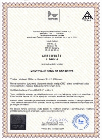 DBH s.r.o. Certifikát Montované domy na bázi dřeva 